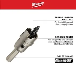 Milwaukee 7/8 in. Carbide Hole Cutter (1-Pack) featuring a spring-loaded pilot bit for fast drilling, carbide teeth for cutting hard materials, and a 3-flat shank for secure grip.