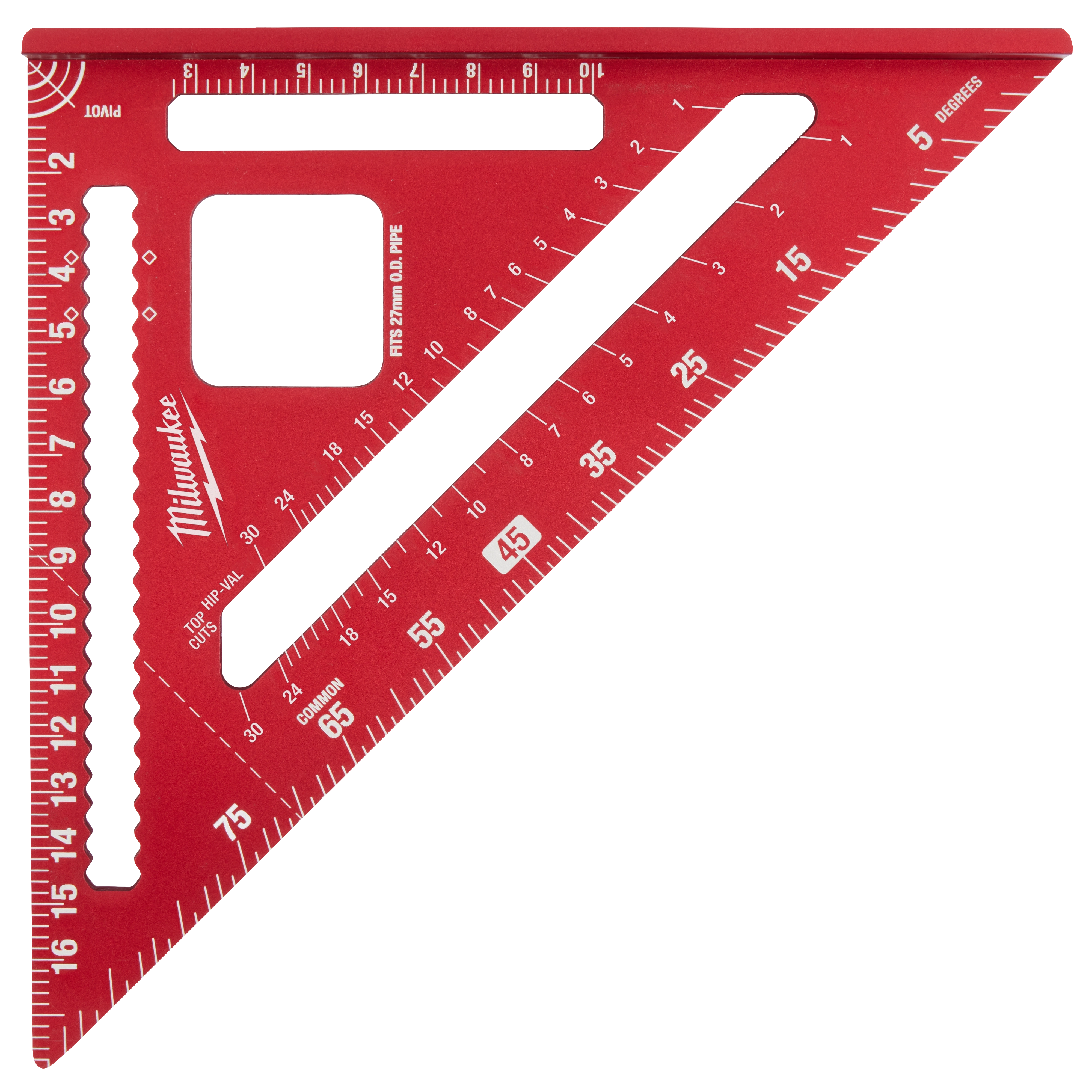Red 180mm Rafter Square with multiple measurement markings in white, including degrees and centimeters. The tool has a notched edge and cutout.
