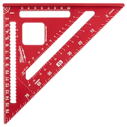 Red 180mm Rafter Square with multiple measurement markings in white, including degrees and centimeters. The tool has a notched edge and cutout.