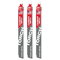 Three 9" 8 TPI TORCH™ with Carbide Teeth SAWZALL® Blades (3 PK) are shown. The blades have red and gray branding with "Carbide Teeth" and "Thick Metal" written on them. The brand name and "Made in USA" label are visible at the top.