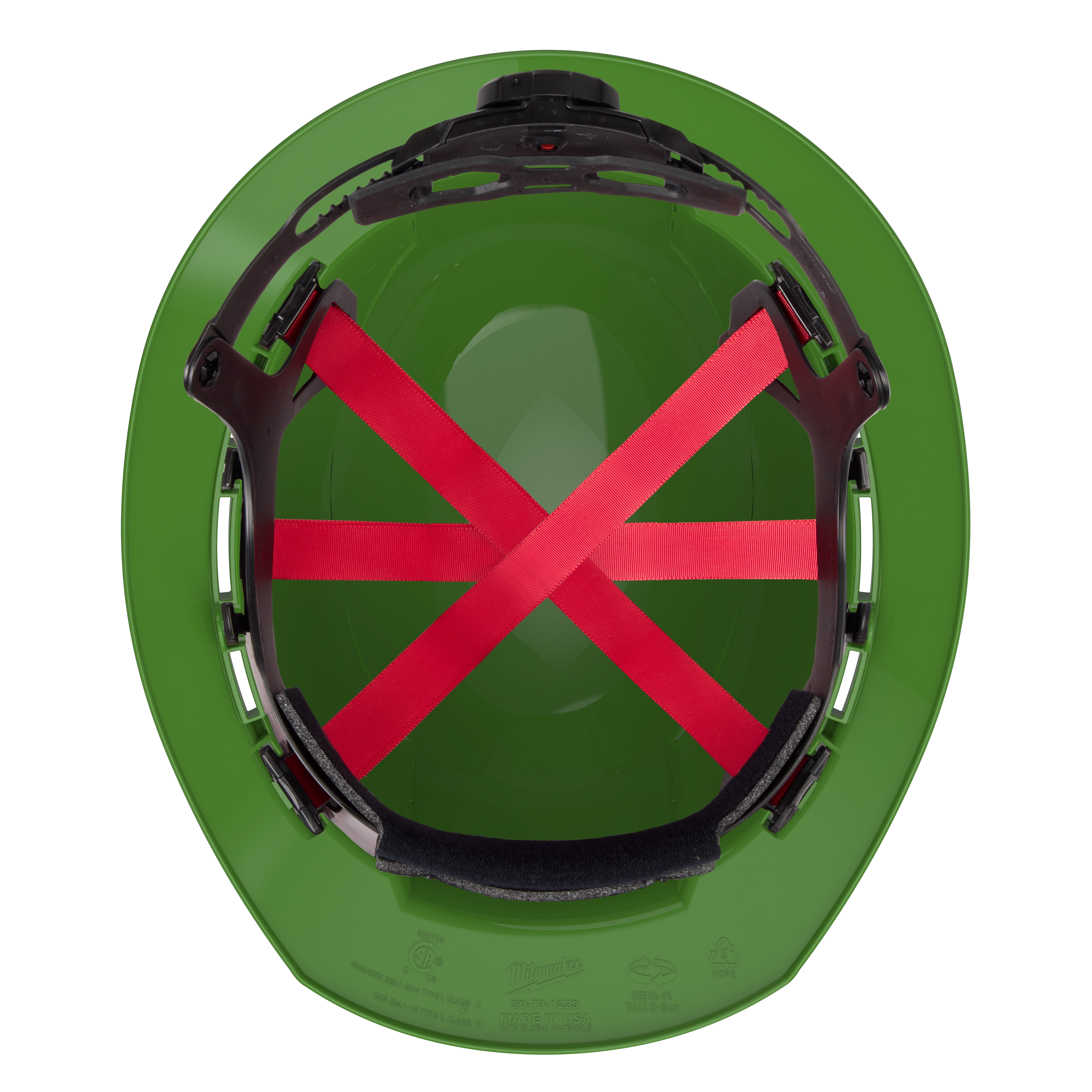 Top view of BOLT Green Full Brim Vented Hard Hat w/6pt Ratcheting Suspension (USA) - Type 1, Class C