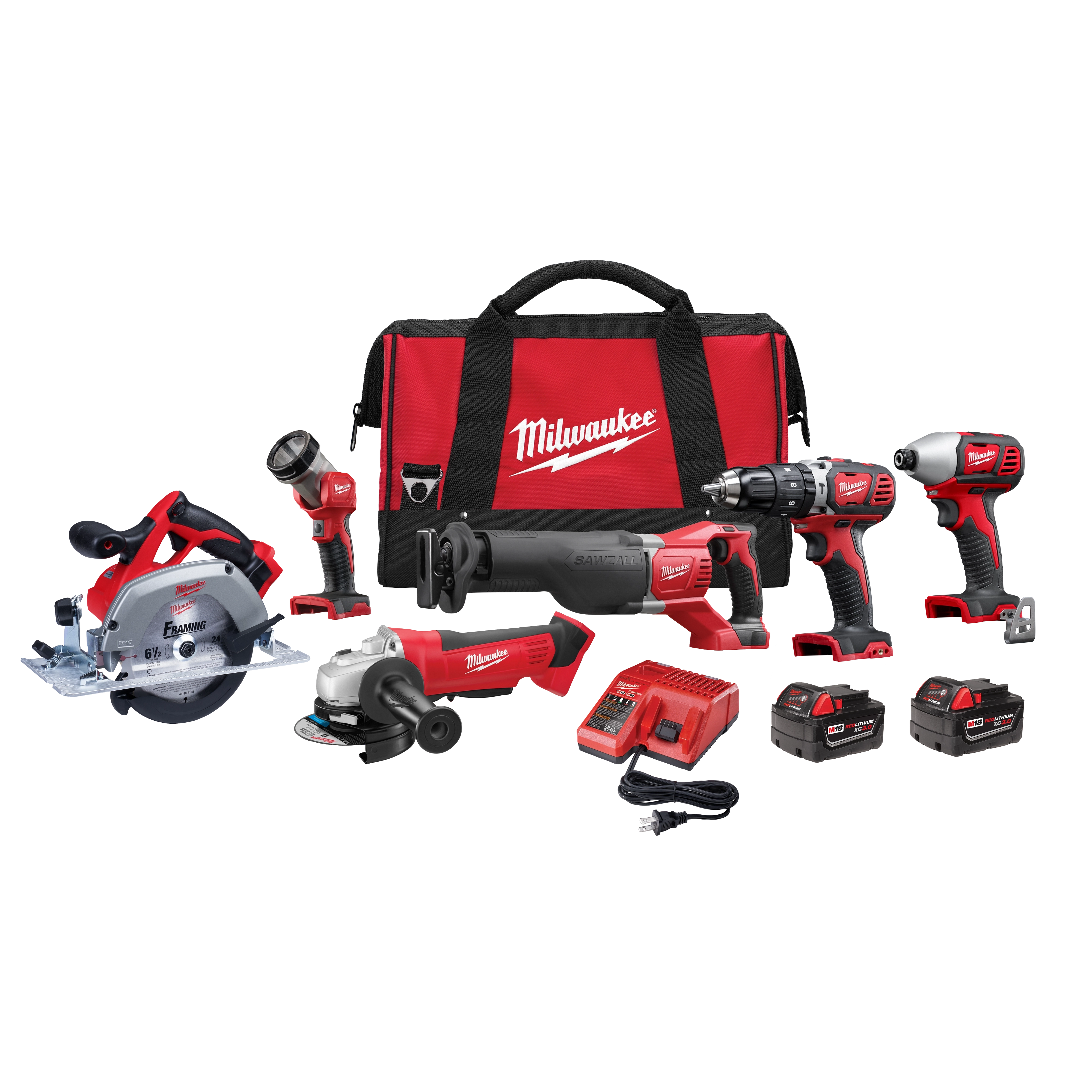 The M18™ 6-Tool Combo Kit, 2696-26, includes a circular saw, reciprocating saw, angle grinder, drill, impact driver, work light, two batteries, charger, and red carrying bag. All tools are cordless and predominantly red-and-black in color, with a prominent brand logo displayed on the bag.