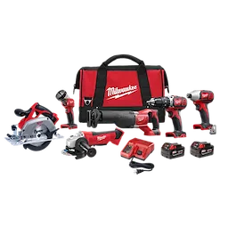 The M18™ 6-Tool Combo Kit, 2696-26, includes a circular saw, reciprocating saw, angle grinder, drill, impact driver, work light, two batteries, charger, and red carrying bag. All tools are cordless and predominantly red-and-black in color, with a prominent brand logo displayed on the bag.