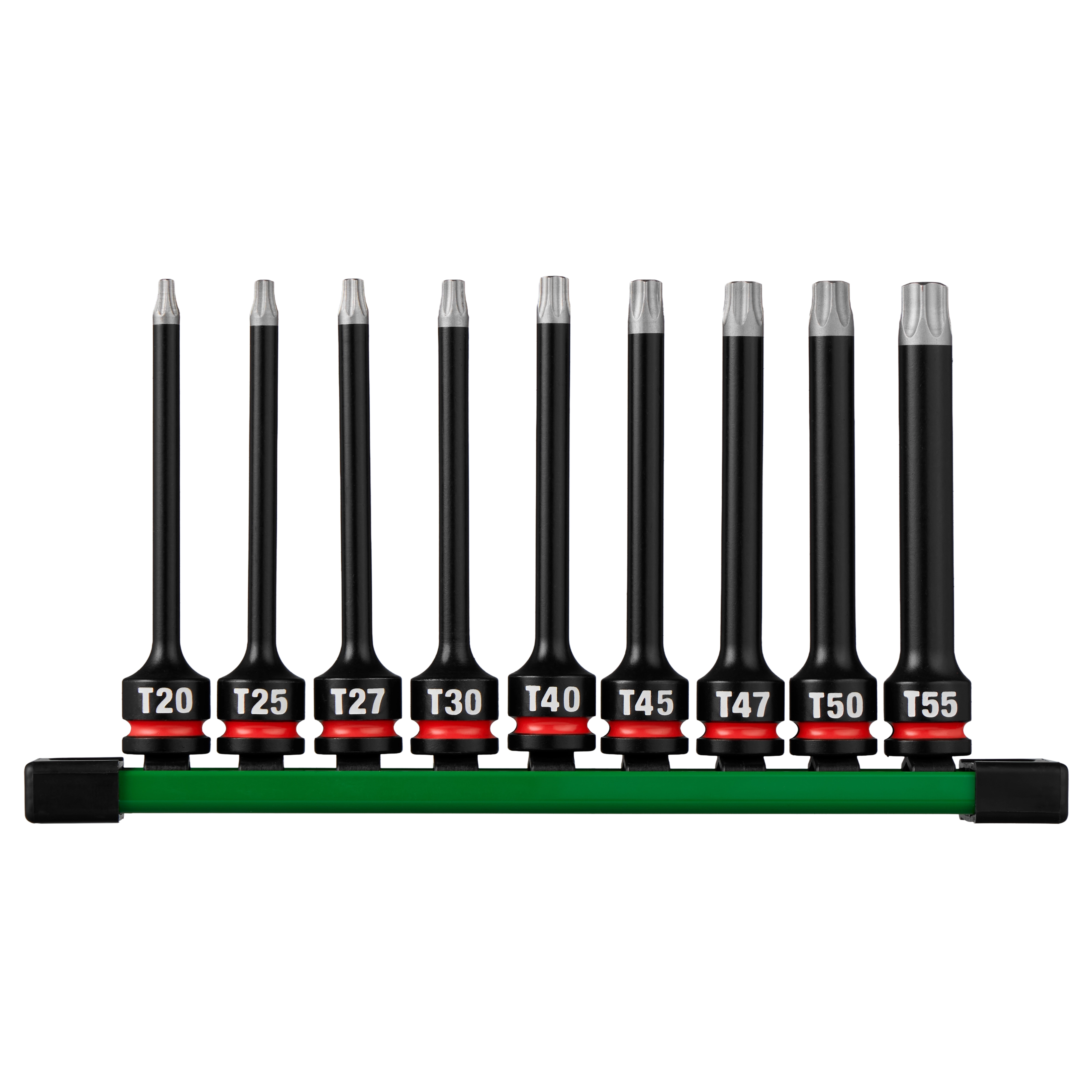 9PC SHOCKWAVE Impact Duty 3/8" Drive 4" Torx Bit Socket Set arranged in a row on a holder.