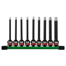 9PC SHOCKWAVE Impact Duty 3/8" Drive 4" Torx Bit Socket Set arranged in a row on a holder.