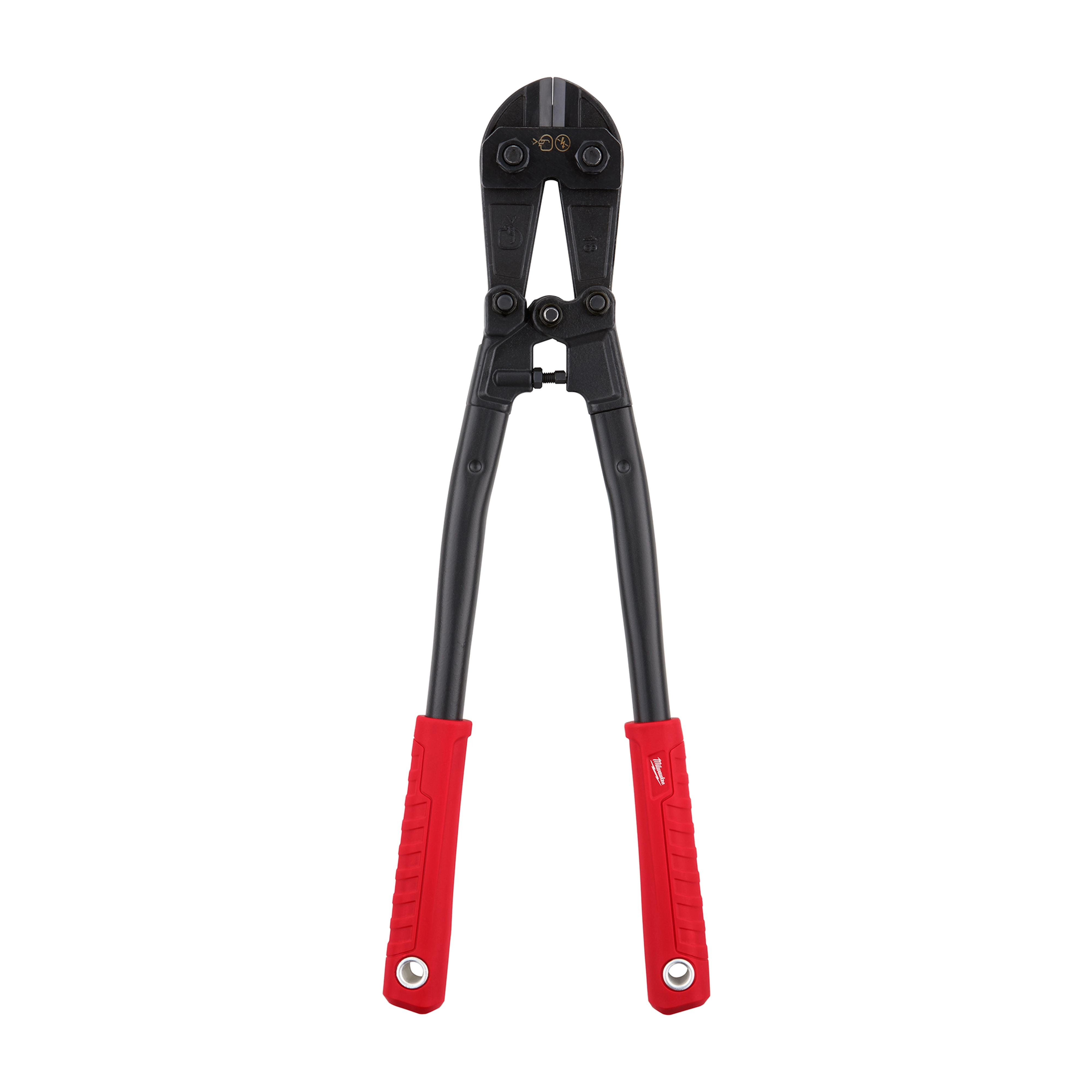 18" Bolt Cutter with black handles and red grip ends. The tool features robust cutting jaws designed for heavy-duty tasks and has a center-cut design for precise cutting.