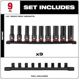 The Milwaukee 9-Piece 1/2-inch Drive Metric Deep Socket Set includes nine sockets sized 10mm to 21mm and a storage rail.