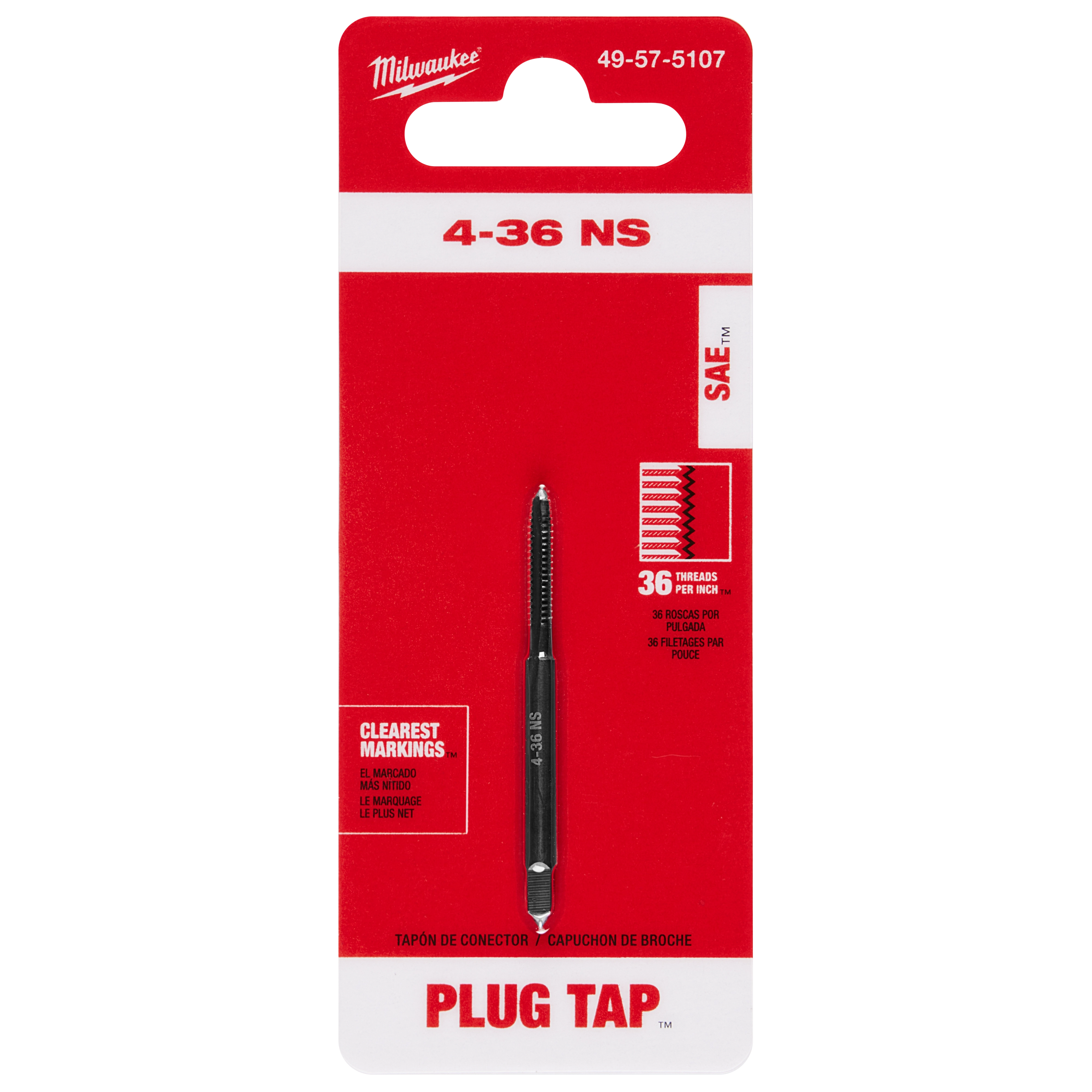Red packaging of 4-36 NS Straight Flute Plug Tap with product details like "36 threads per inch" and "Clearest Markings."