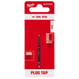 Red packaging of 4-36 NS Straight Flute Plug Tap with product details like "36 threads per inch" and "Clearest Markings."