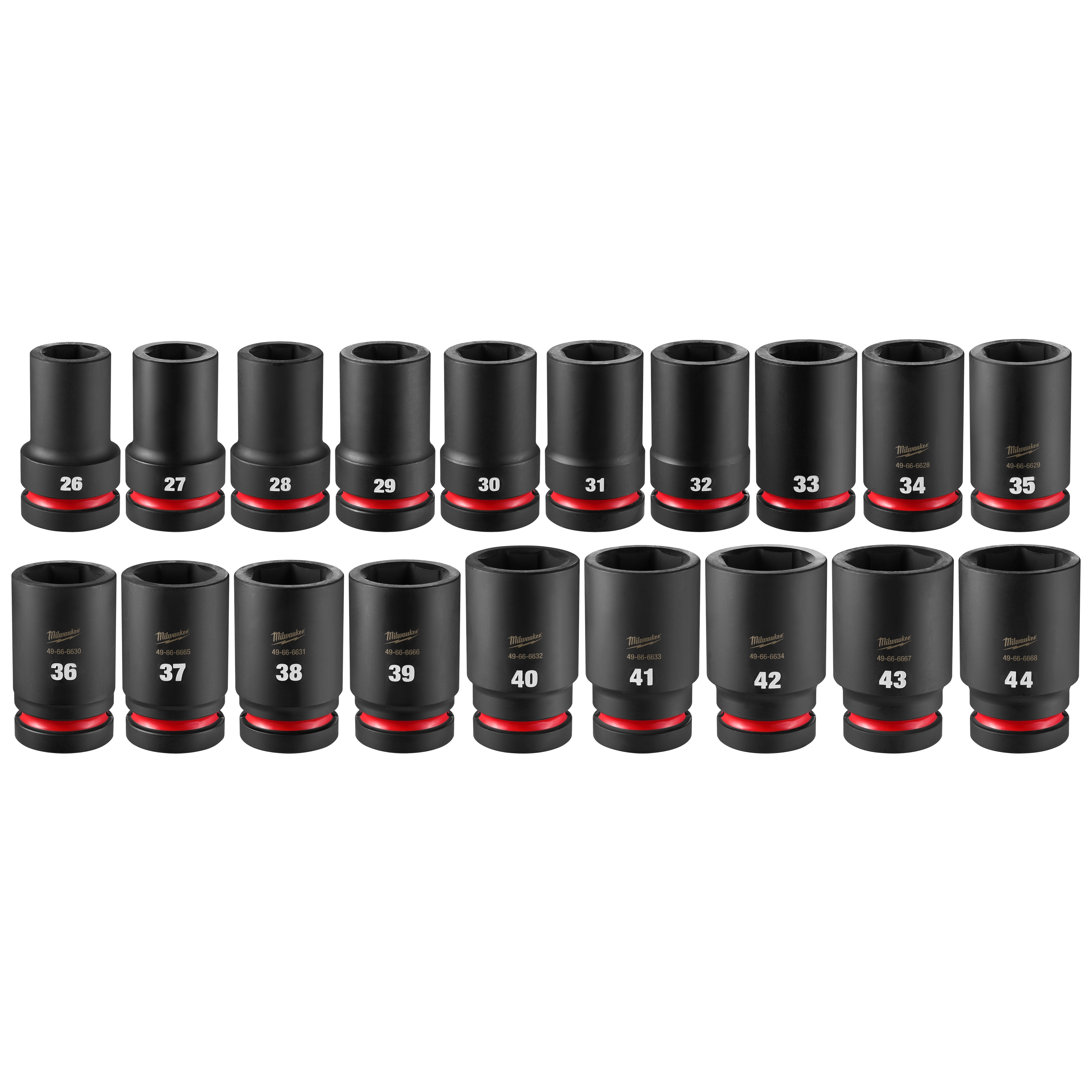 19PC SHOCKWAVE Impact Duty 1" Drive Metric Deep Socket Set with PACKOUT, including sockets size 26 to 44, arranged in two rows.