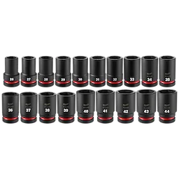 19PC SHOCKWAVE Impact Duty 1" Drive Metric Deep Socket Set with PACKOUT, including sockets size 26 to 44, arranged in two rows.