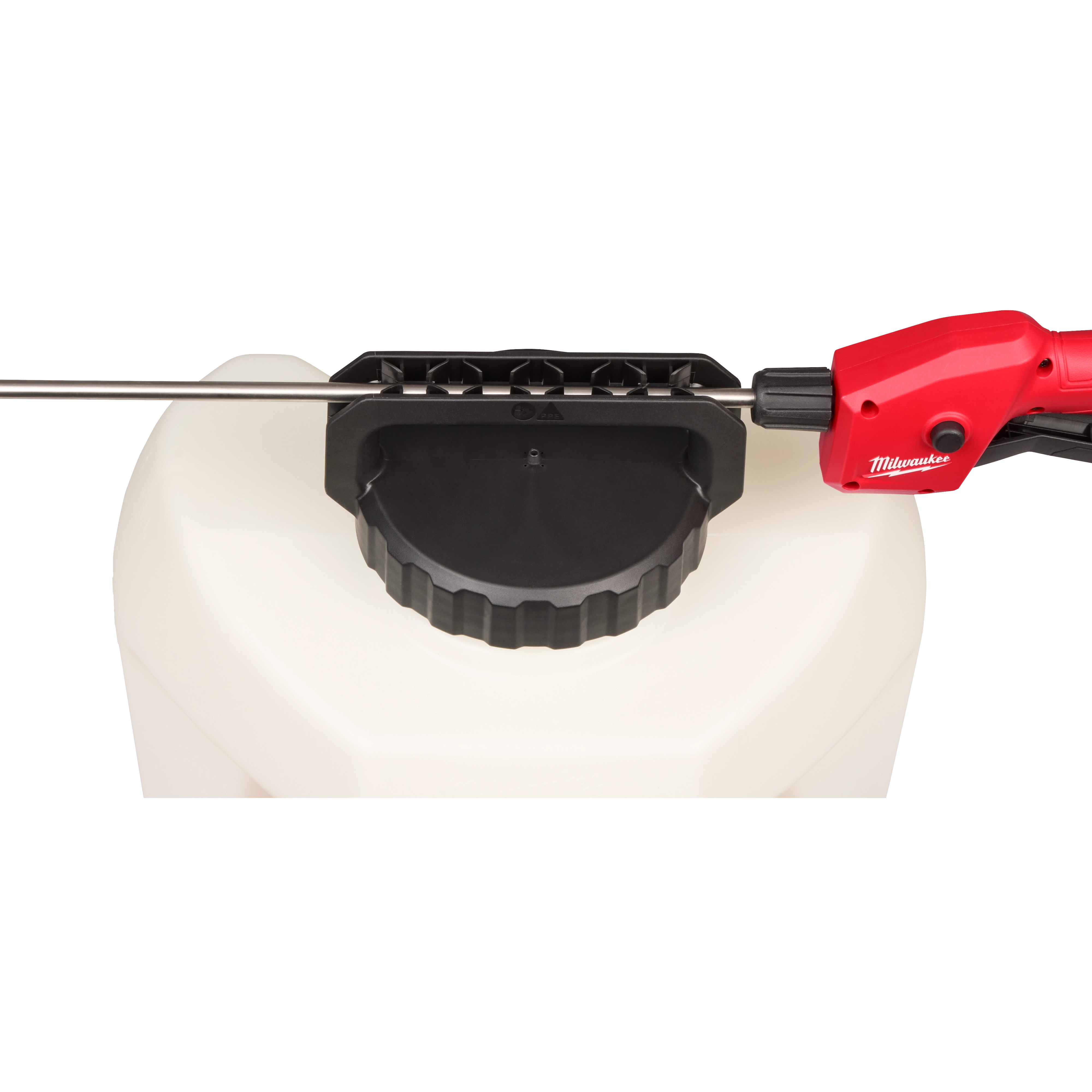A close-up view of a 4-Gallon Sprayer Tank Assembly w/ SWITCH-TANK™. The image shows the top part of a white tank with a large black cap and a red handle attachment on the side. The handle has the Milwaukee logo on it.
