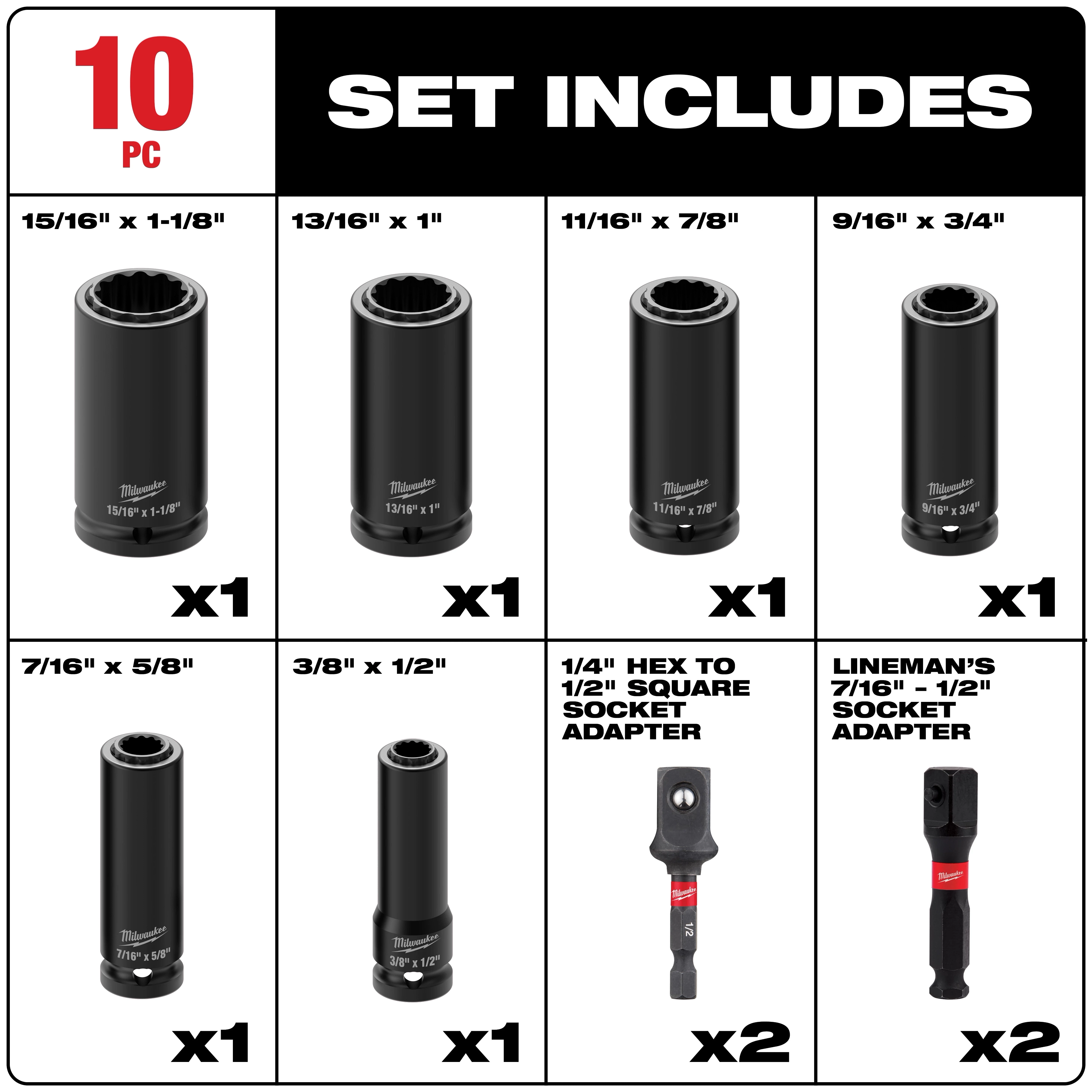 The image shows the SHOCKWAVE Impact Duty Lineman's 1/2 in. Drive 2-in-1 12-Point Socket Set (10-Piece). It includes seven different-sized sockets, a 1/4" hex to 1/2" square socket adapter, and two lineman's 7/16" to 1/2" socket adapters.