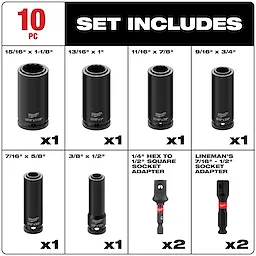 The image shows the SHOCKWAVE Impact Duty Lineman's 1/2 in. Drive 2-in-1 12-Point Socket Set (10-Piece). It includes seven different-sized sockets, a 1/4" hex to 1/2" square socket adapter, and two lineman's 7/16" to 1/2" socket adapters.