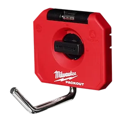 Milwaukee PACKOUT 4" Single Straight Hook features a red square base with a metal hook attached, suitable for storage systems.