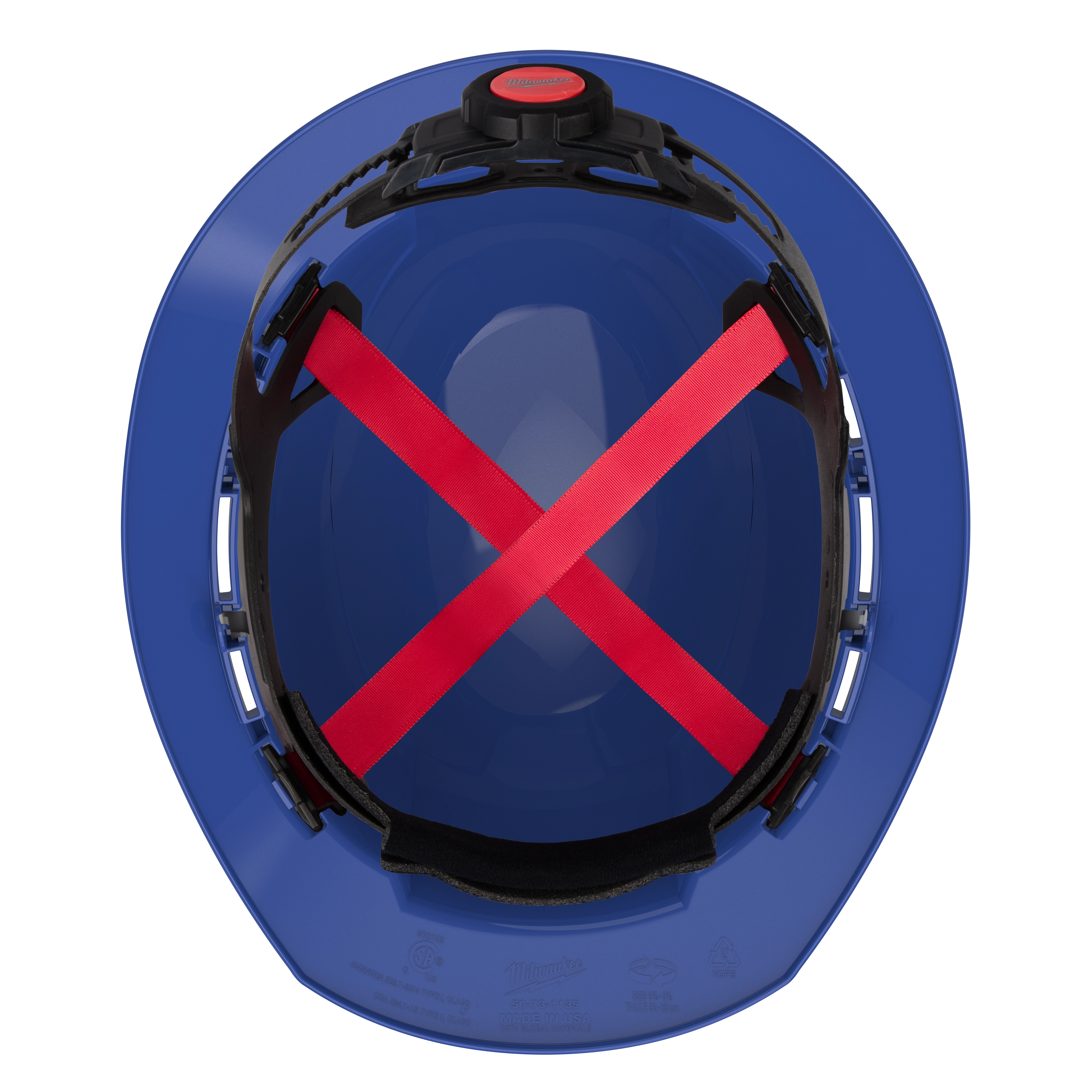 Top view of the BOLT Blue Full Brim Hard Hat with 4-point ratcheting suspension. The interior features red cross straps for an adjustable fit and comfortable wear. This USA-made, Type 1, Class E hard hat provides head protection for industrial and construction settings.