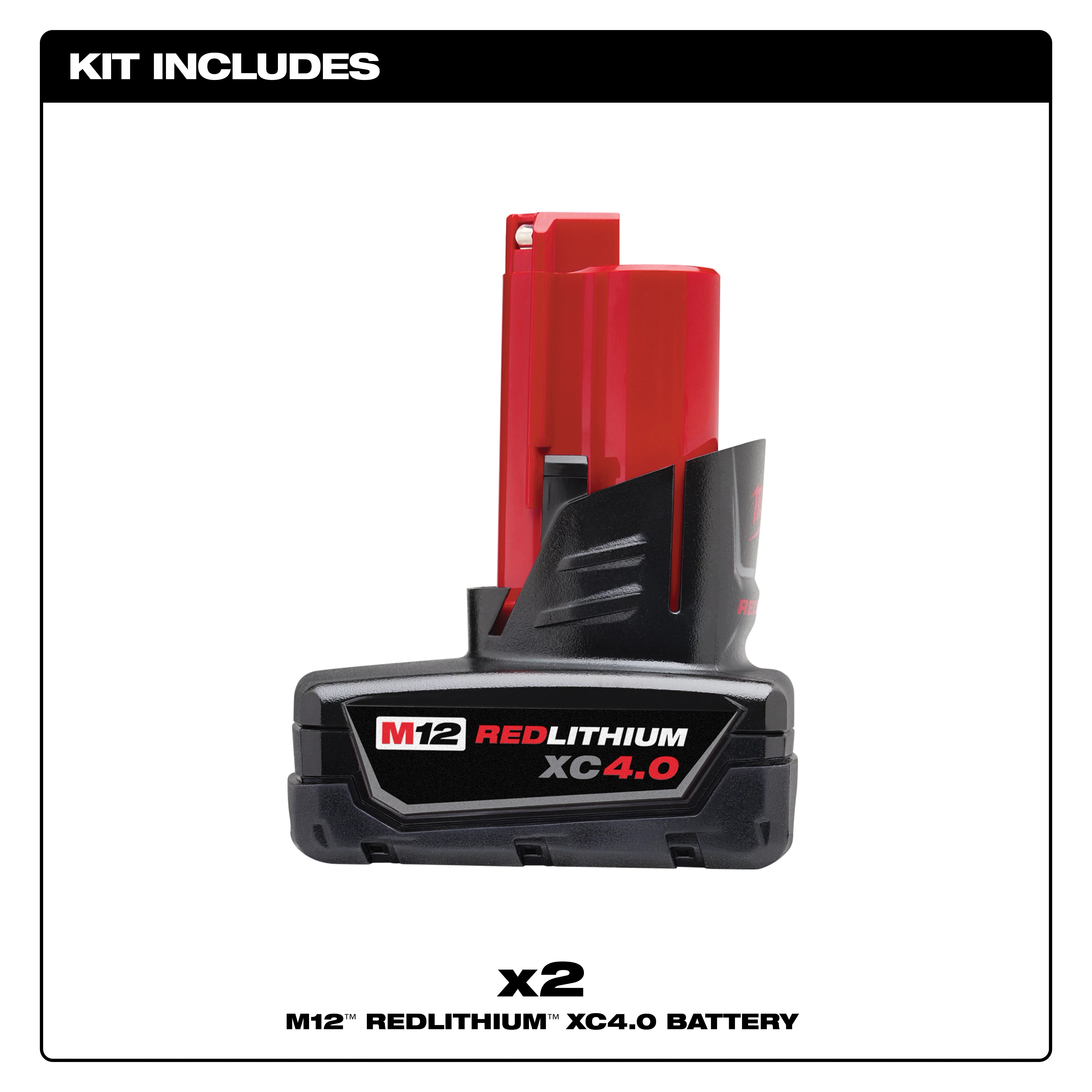 M12 REDLITHIUM XC4.0 Battery with a red and black design, featured in a product kit that includes two batteries.