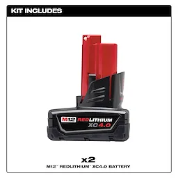 M12 REDLITHIUM XC4.0 Battery with a red and black design, featured in a product kit that includes two batteries.
