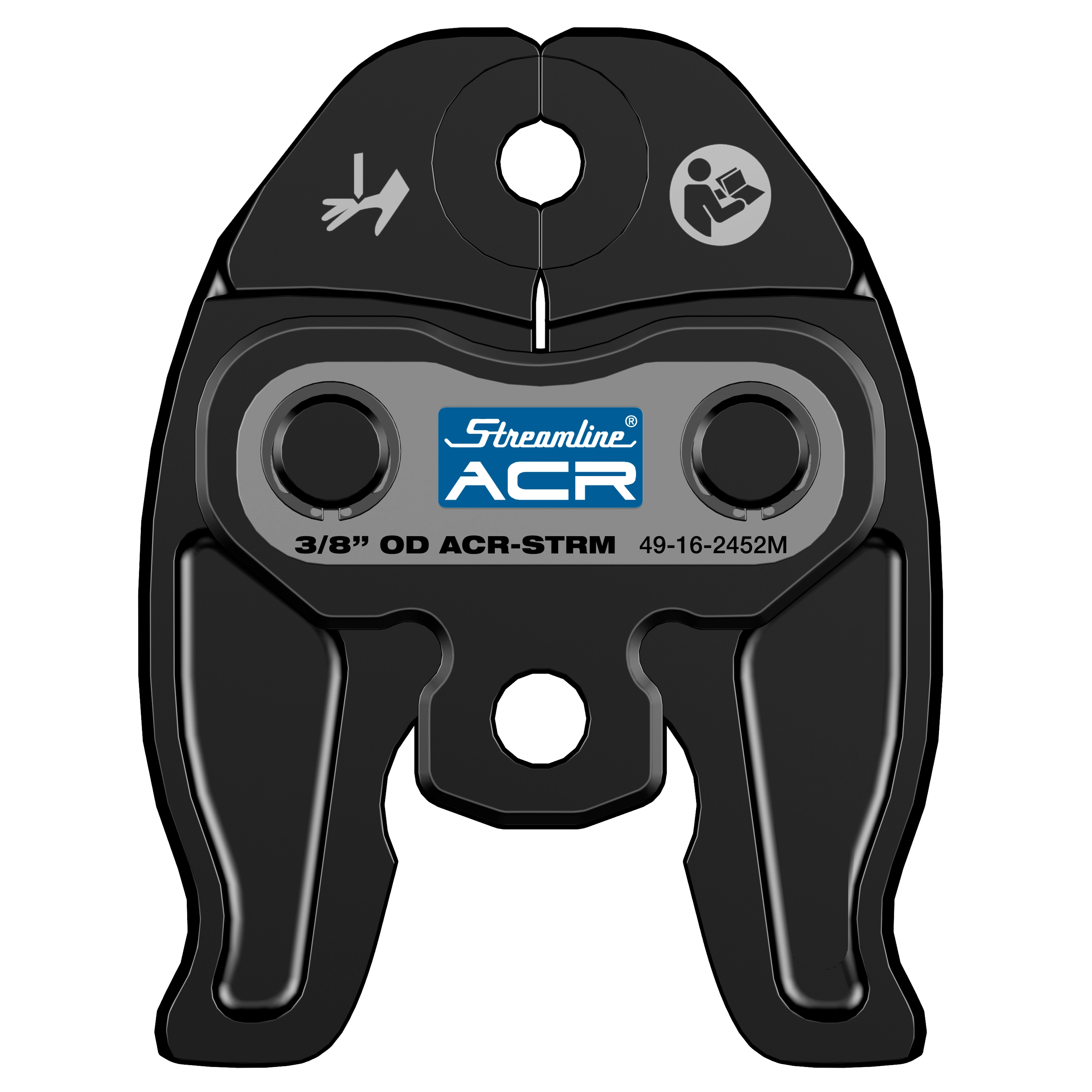 3/8" Streamline ACR Press Jaw for M12 Force Logic Press Tool in black with blue and white branding, showing safety icons.