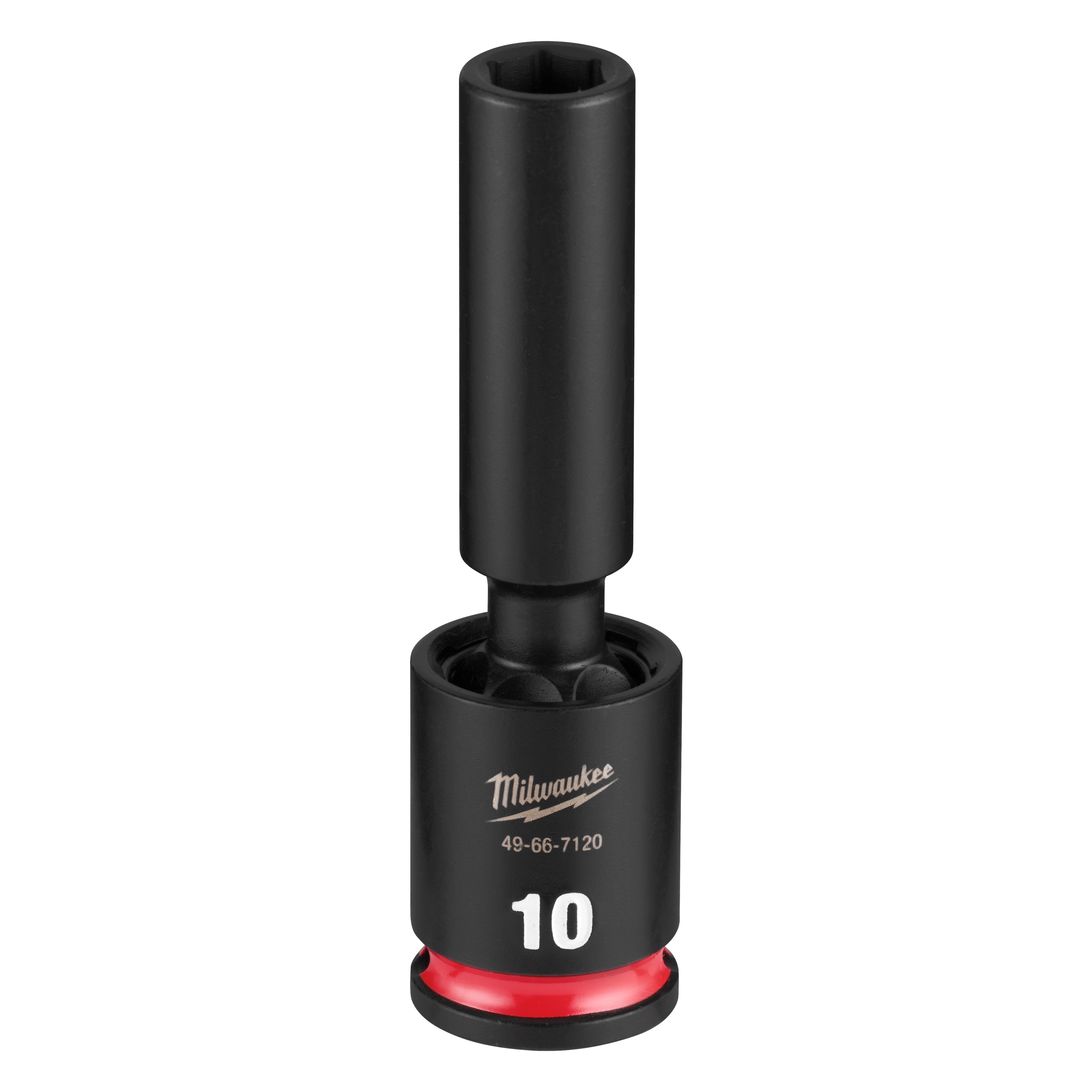 SHOCKWAVE Impact Duty 3/8" Drive 10MM Deep Swivel Socket standing upright with a red ring near the base.