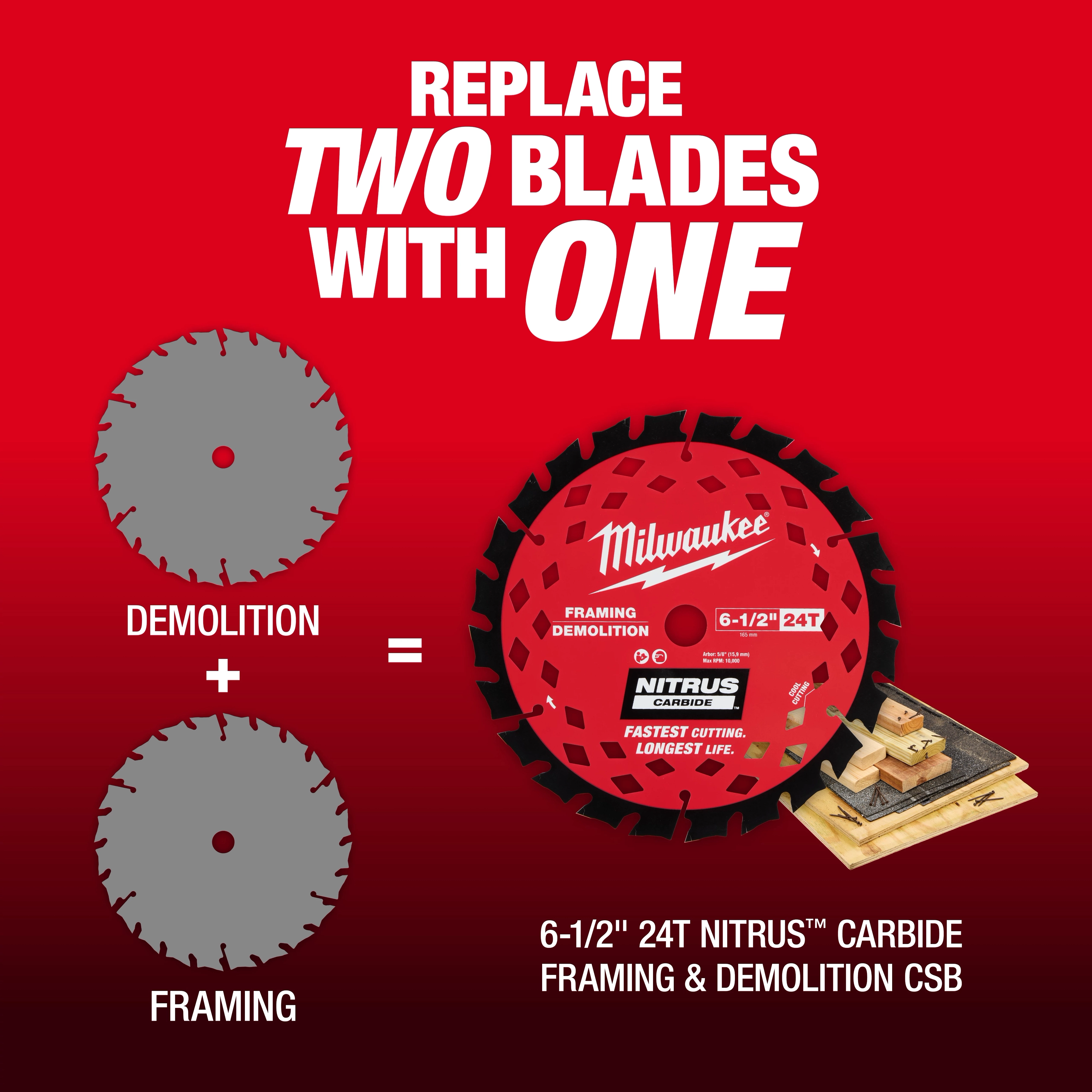 6-1/2” 24T NITRUS Carbide Framing & Demolition Circular Saw Blade displayed between two generic saw blades.