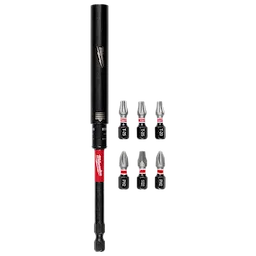The image shows a black and red Milwaukee bit holder with six interchangeable screwdriver bits labeled T25, T20, PH2, and SQ2 displayed to the right. The bits are designed for various screw head types and are commonly used for tool and construction tasks.
