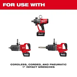 SHOCKWAVE Impact Duty 1” Drive Socket for use with cordless, corded, and pneumatic 1” impact wrenches, shown with three wrenches.