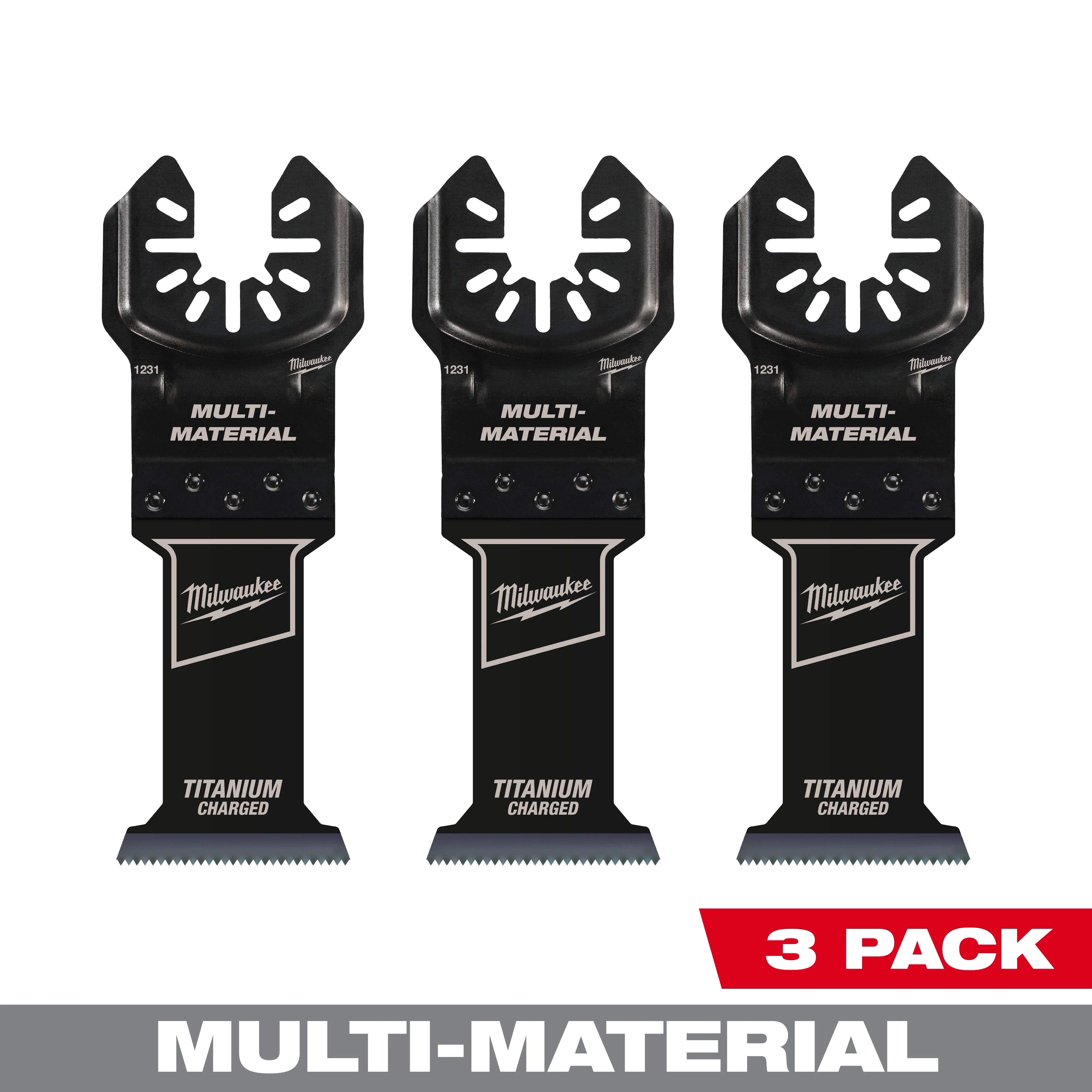 Three-pack of Milwaukee Open-Lok 1-3/8 inch titanium charged Bi-Metal multi-material multi-tool blades, displayed vertically.