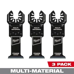 Three-pack of Milwaukee Open-Lok 1-3/8 inch titanium charged Bi-Metal multi-material multi-tool blades, displayed vertically.