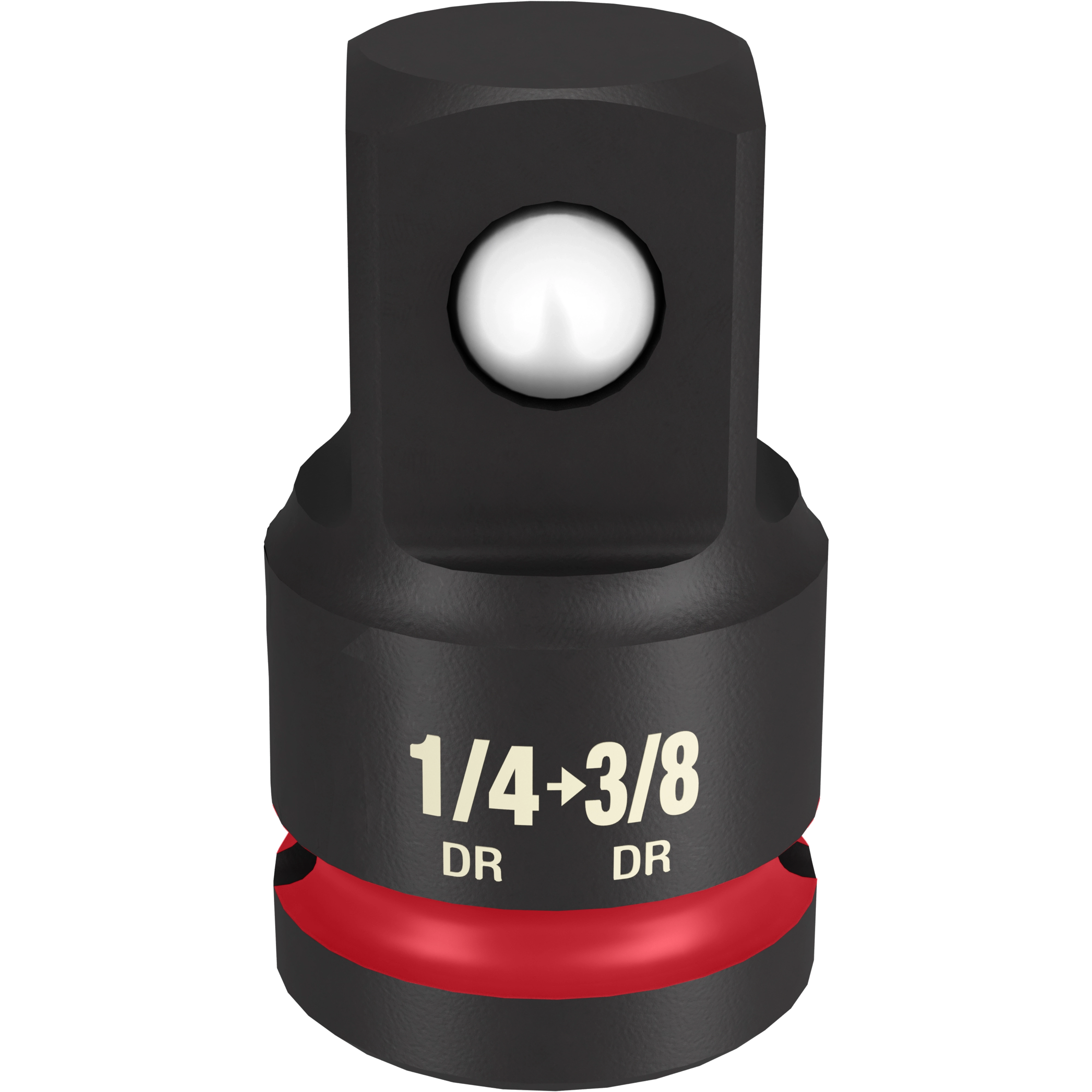1/4" DR to 3/8" DR Impact Adapter made of durable black metal with white text indicating the size specifications and a red band near the base.