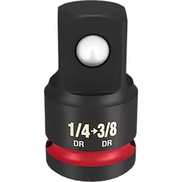 1/4" DR to 3/8" DR Impact Adapter made of durable black metal with white text indicating the size specifications and a red band near the base.