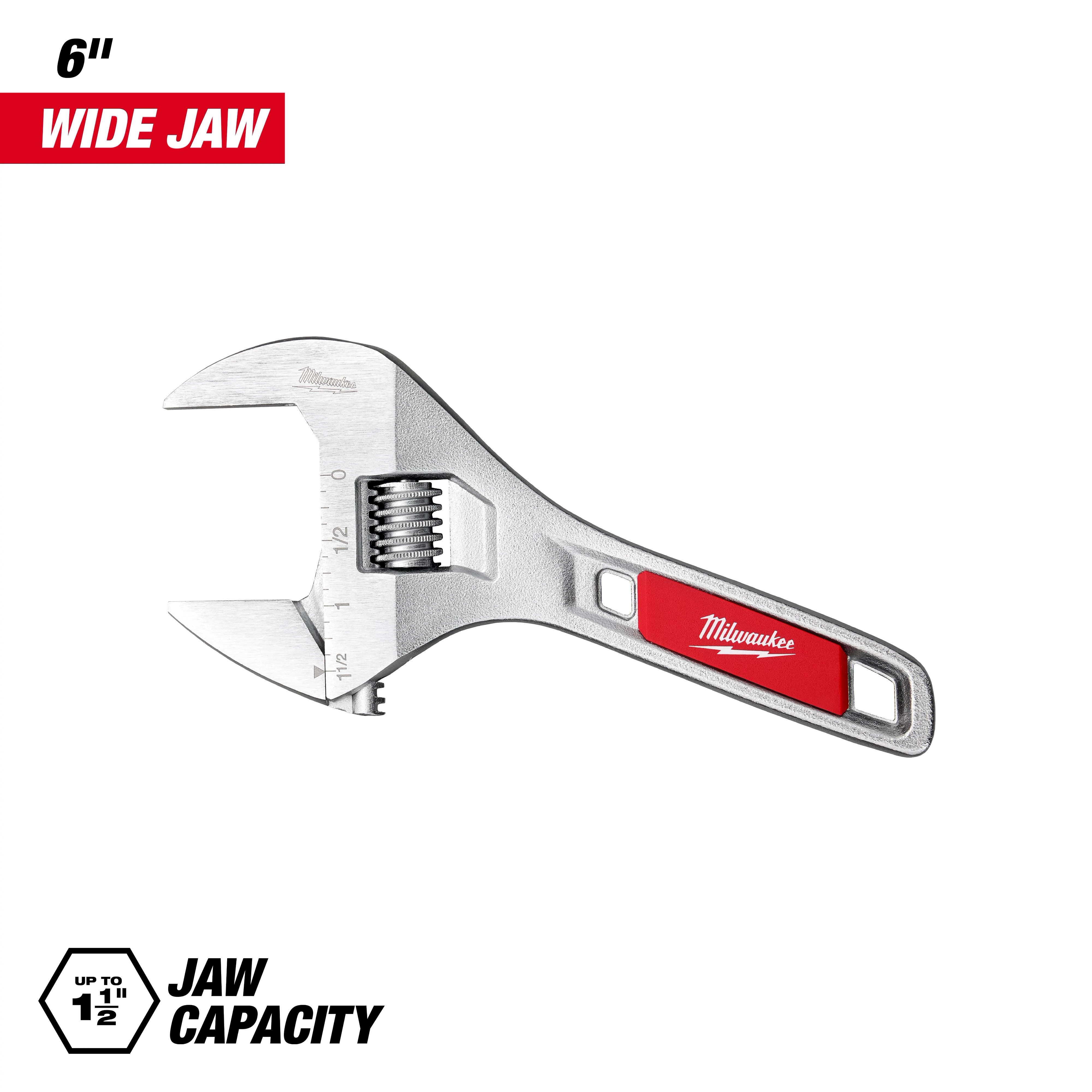 6" Wide Jaw Adjustable Wrench with a wide jaw and metal handle displayed on a plain background.