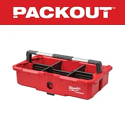 Milwaukee Packout Toolbox, red plastic with black compartments and a metal handle, shown under a red banner with "PACKOUT" text.