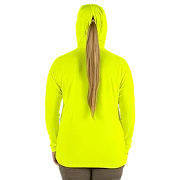 A person, seen from the back, wears a Women's WORKSKIN Hooded Sun Shirt – Yellow. The bright yellow shirt features a hood covering most of the person's long, blonde ponytail.