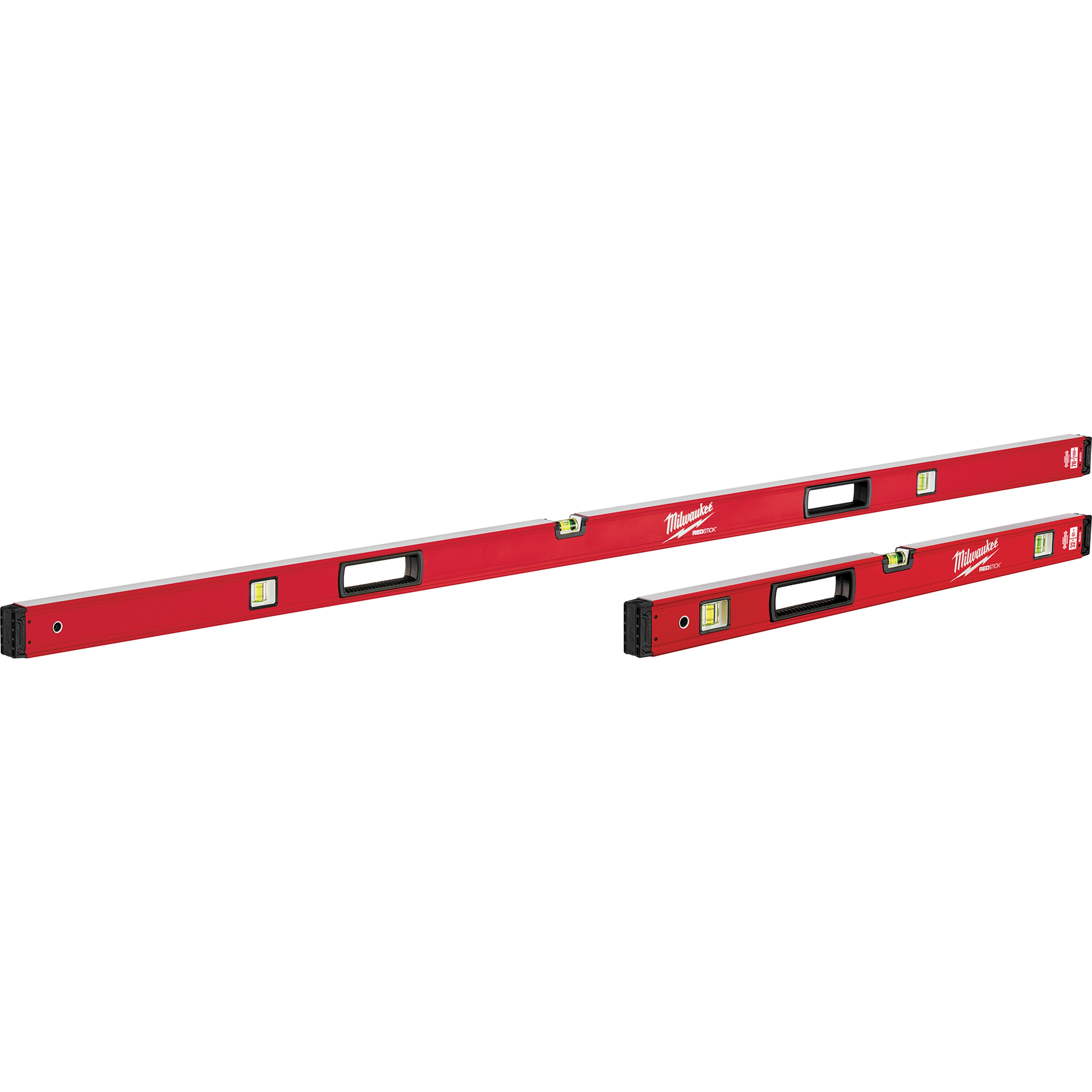The image displays two REDSTICK%20 Level tools, featuring a red body with black end caps and multiple bubble vials for accurate leveling. One level is longer, and the other is shorter, both with a hand grip in the center.