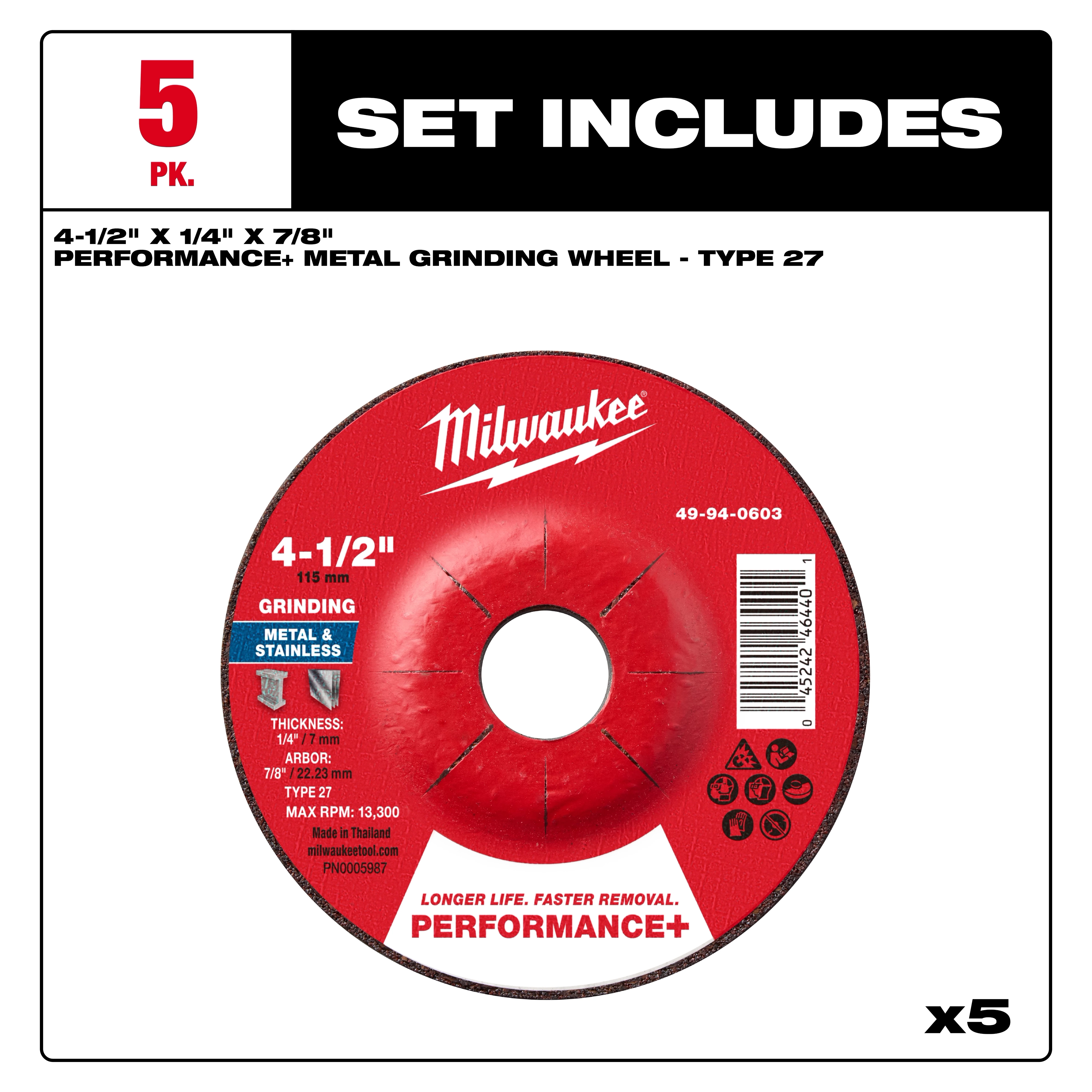 Set of 5 Performance+ Metal Grinding Wheels, Type 27, sized 4-1/2" x 1/4" x 7/8", designed for metal and stainless grinding.