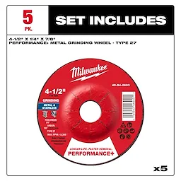 Set of 5 Performance+ Metal Grinding Wheels, Type 27, sized 4-1/2" x 1/4" x 7/8", designed for metal and stainless grinding.