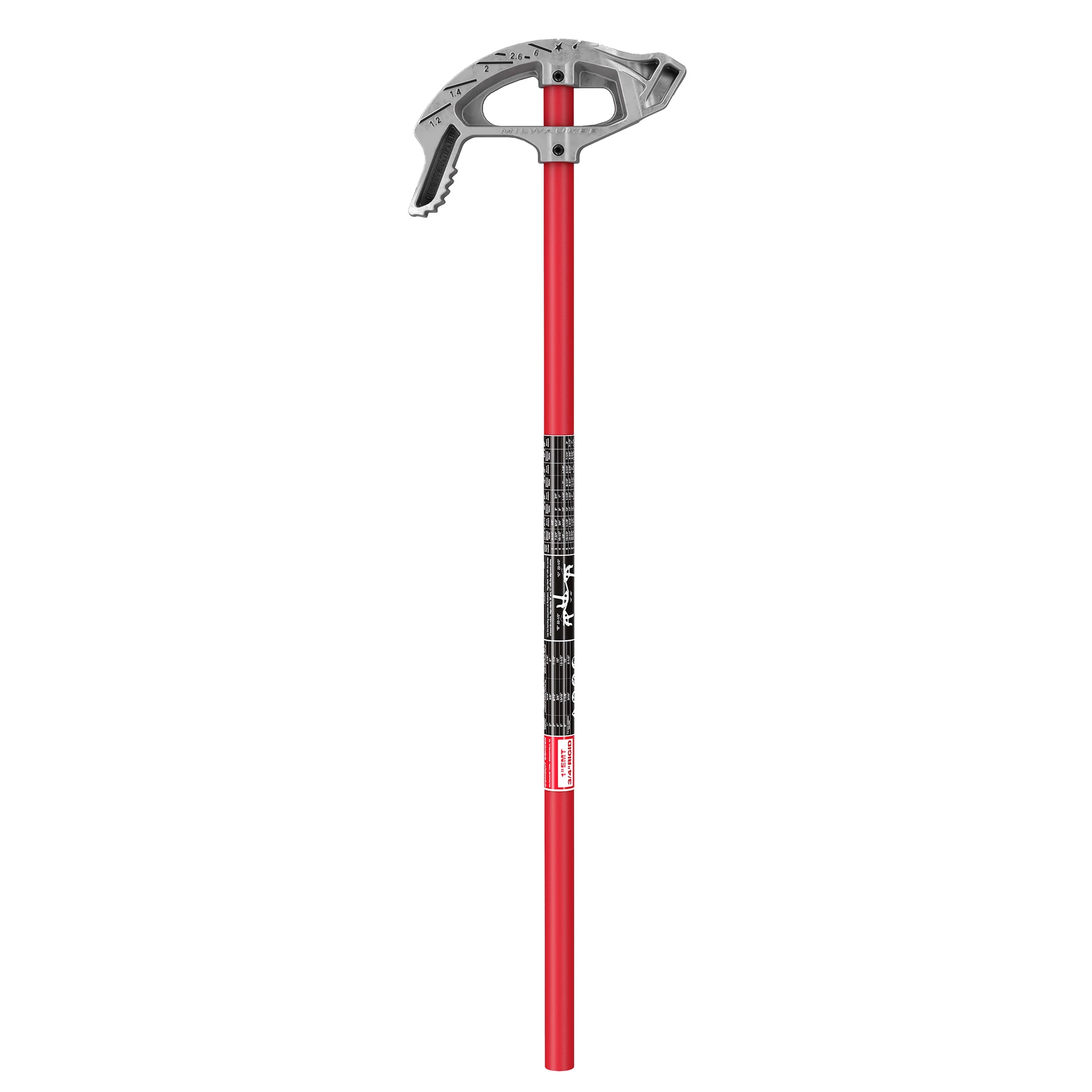 Offset Jobsite Scissors with a red handle and a metallic gray cutting head, featuring measurement details printed on the handle.