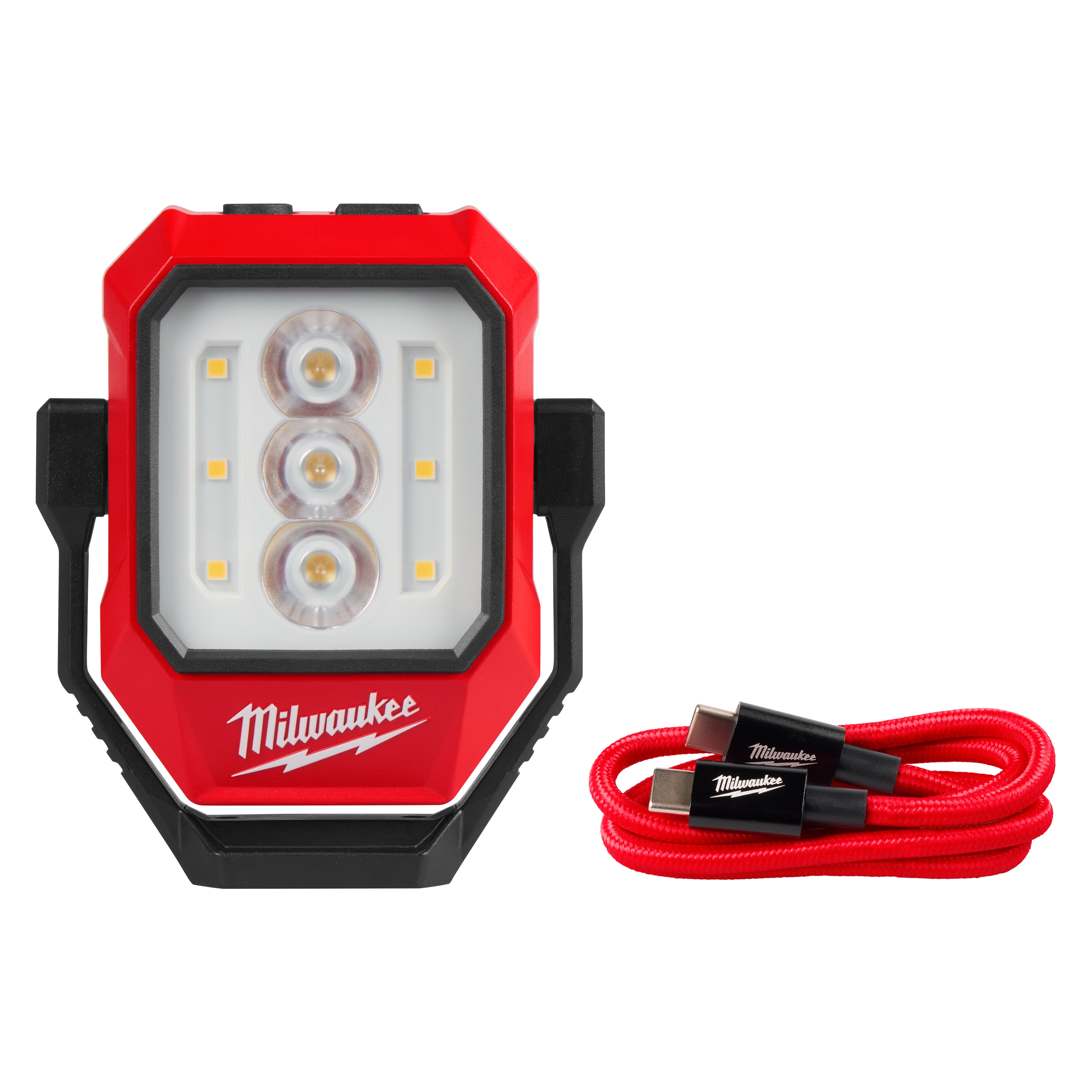 Milwaukee Rechargeable Pivoting Task Light w/ Spot Mode featuring three LED lights, red casing, and a red USB-C charging cable.