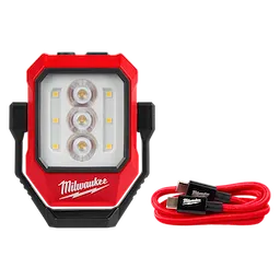 Milwaukee Rechargeable Pivoting Task Light w/ Spot Mode featuring three LED lights, red casing, and a red USB-C charging cable.