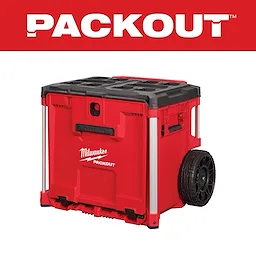 Milwaukee Packout red rolling storage box with black top, featuring a handle and large wheels. The Packout logo is on the front.