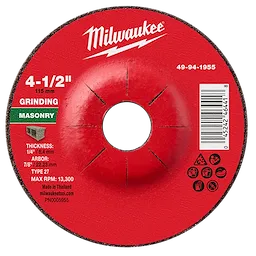 4-1/2" x 1/4" x 7/8" Masonry Grinding Wheel - Type 27 with a red label, specifications, and product information printed on it.