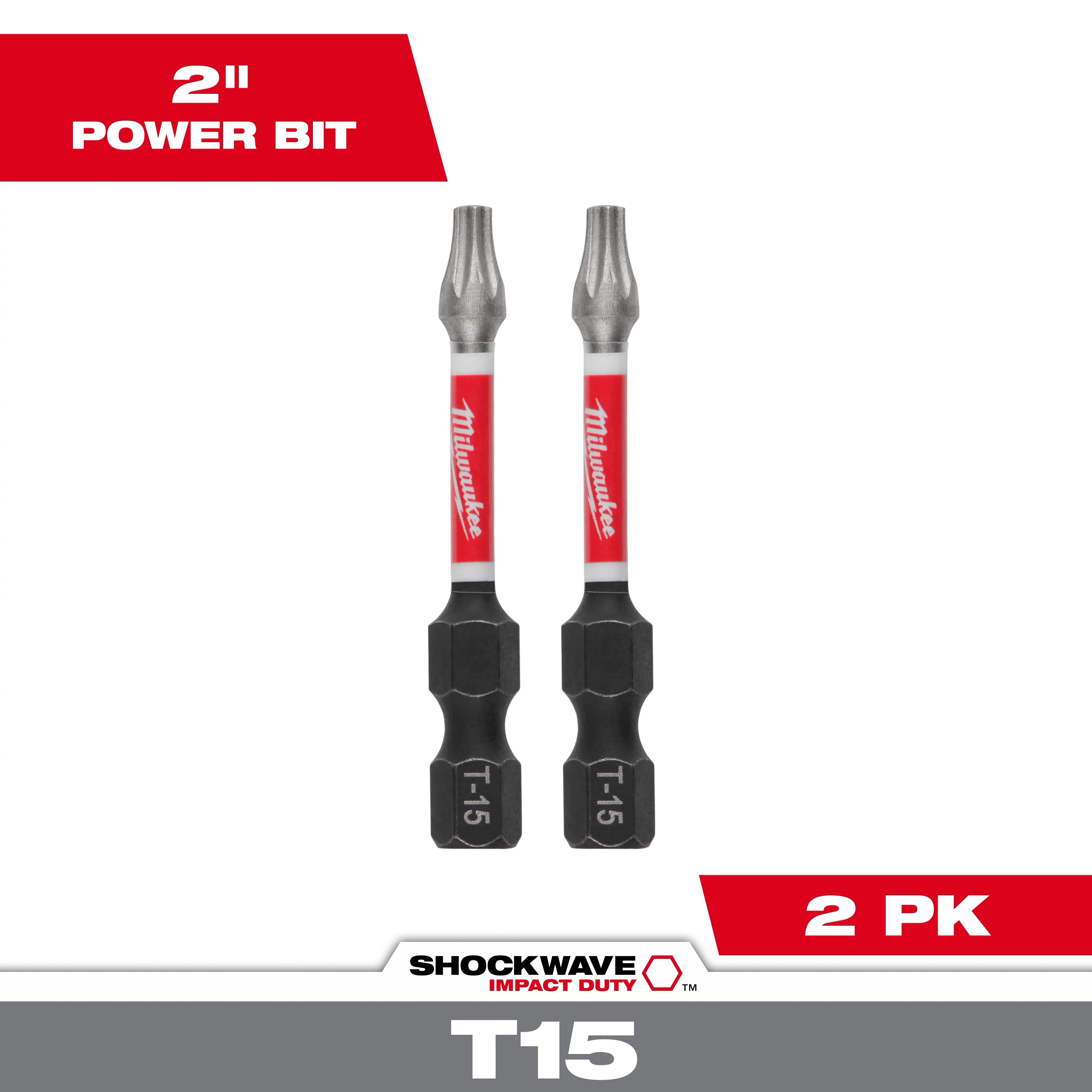 The image shows two SHOCKWAVE™ Impact Duty 2" T15 Bits (2 Pk) by Milwaukee. The bits have a red and white Milwaukee logo on the shaft and "T-15" labeled in black on the base. The packaging highlights "2" Power Bit" and "2 PK."