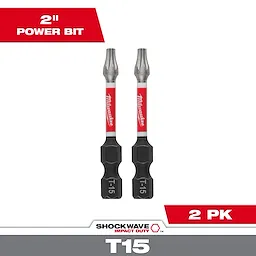 The image shows two SHOCKWAVE™ Impact Duty 2" T15 Bits (2 Pk) by Milwaukee. The bits have a red and white Milwaukee logo on the shaft and "T-15" labeled in black on the base. The packaging highlights "2" Power Bit" and "2 PK."