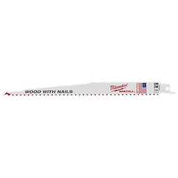 The Milwaukee 9" 5 TPI Sawzall® Blades (5 Pk) are designed for cutting wood with nails. The blade is white with red accents and has the brand logo, American flag, and "WOOD WITH NAILS" lettering on it. The package contains five blades.