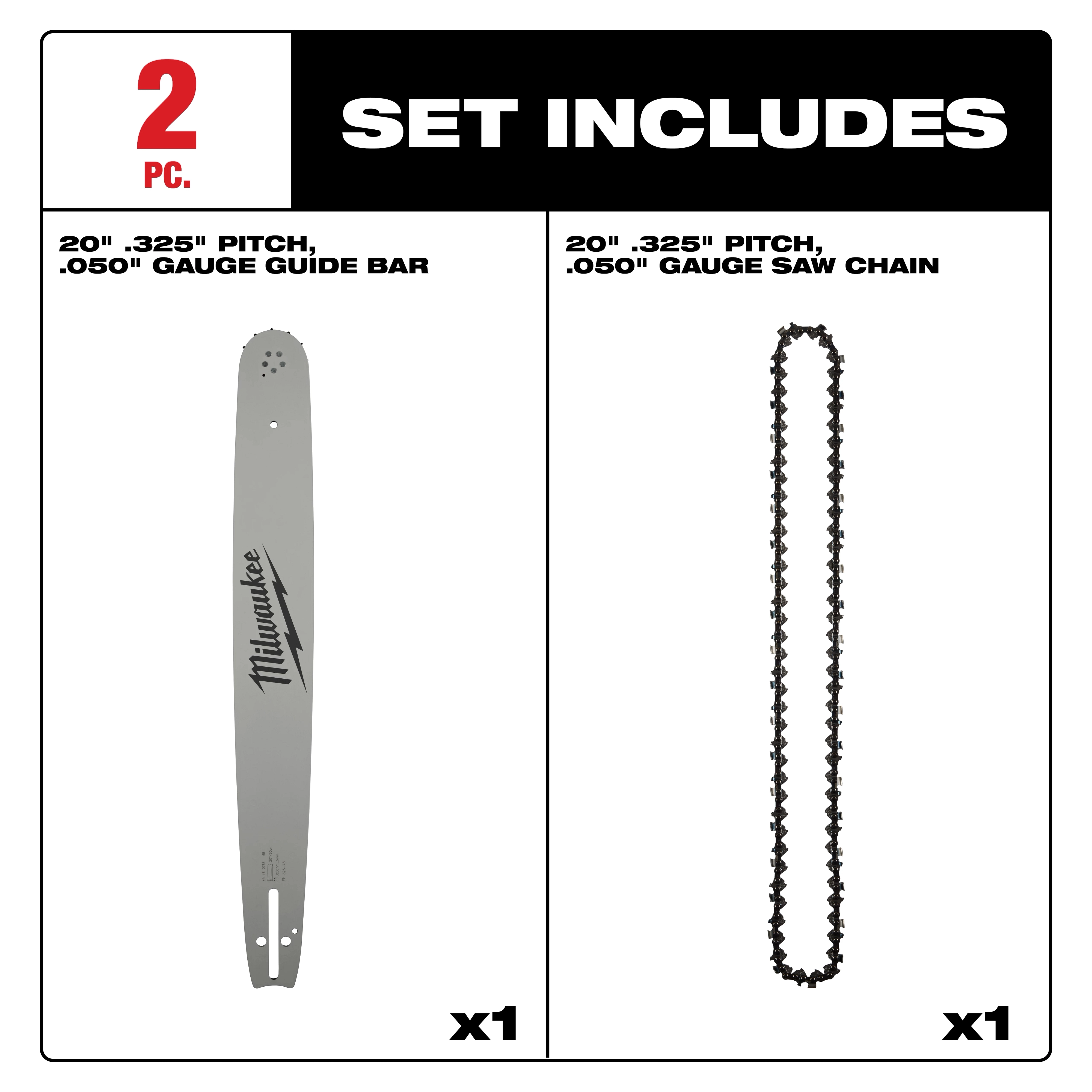 20" .325" Pitch, .050" Gauge Saw Chain and Guide Bar Set includes a guide bar and a saw chain, each 20" long.