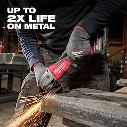 A person using a red and silver cordless angle grinder to grind metal. Text reads "Up to 2X Life on Metal." Bonded Abrasives Grinding.