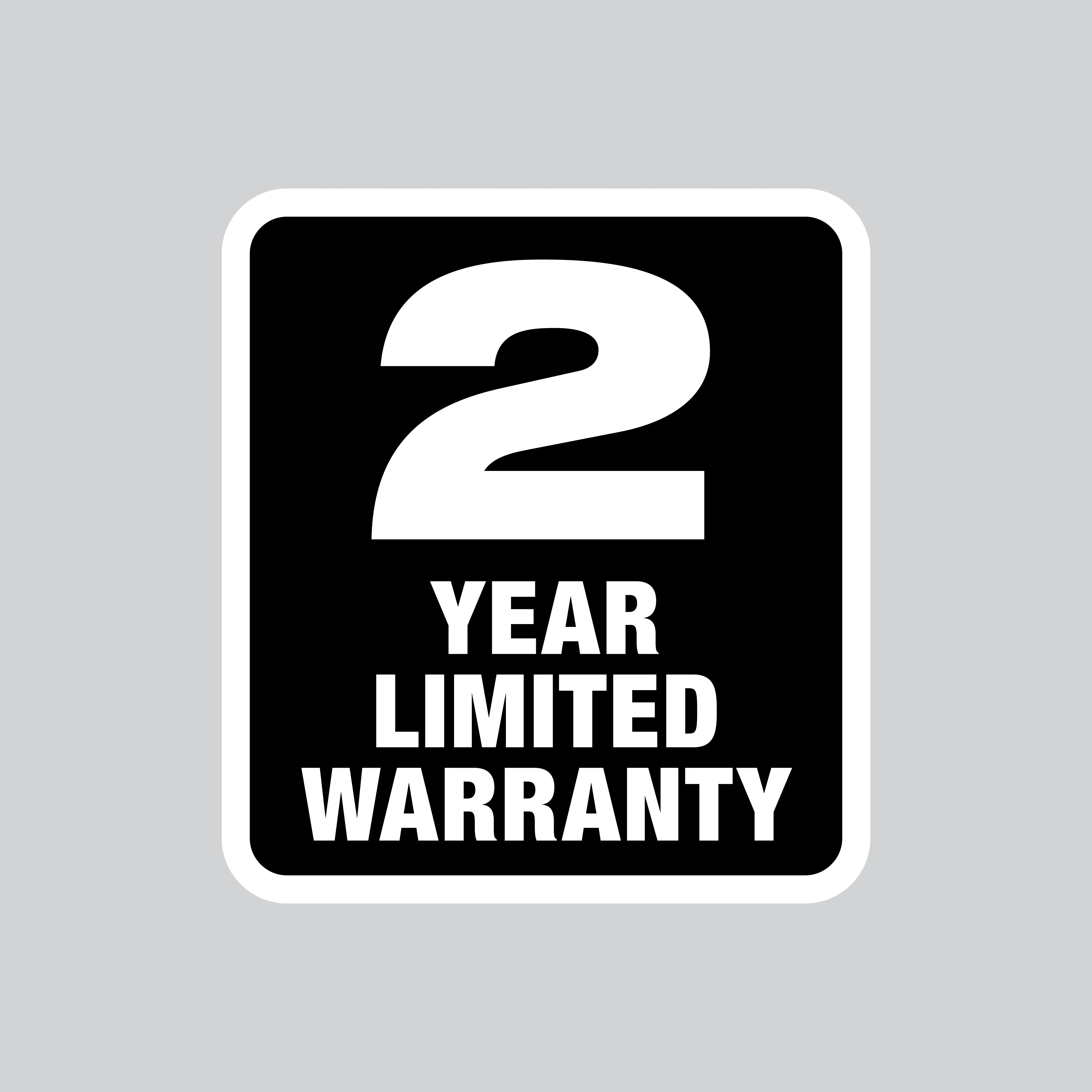 White "2 Year Limited Warranty" text on a black rectangular background with rounded corners, outlined in white.