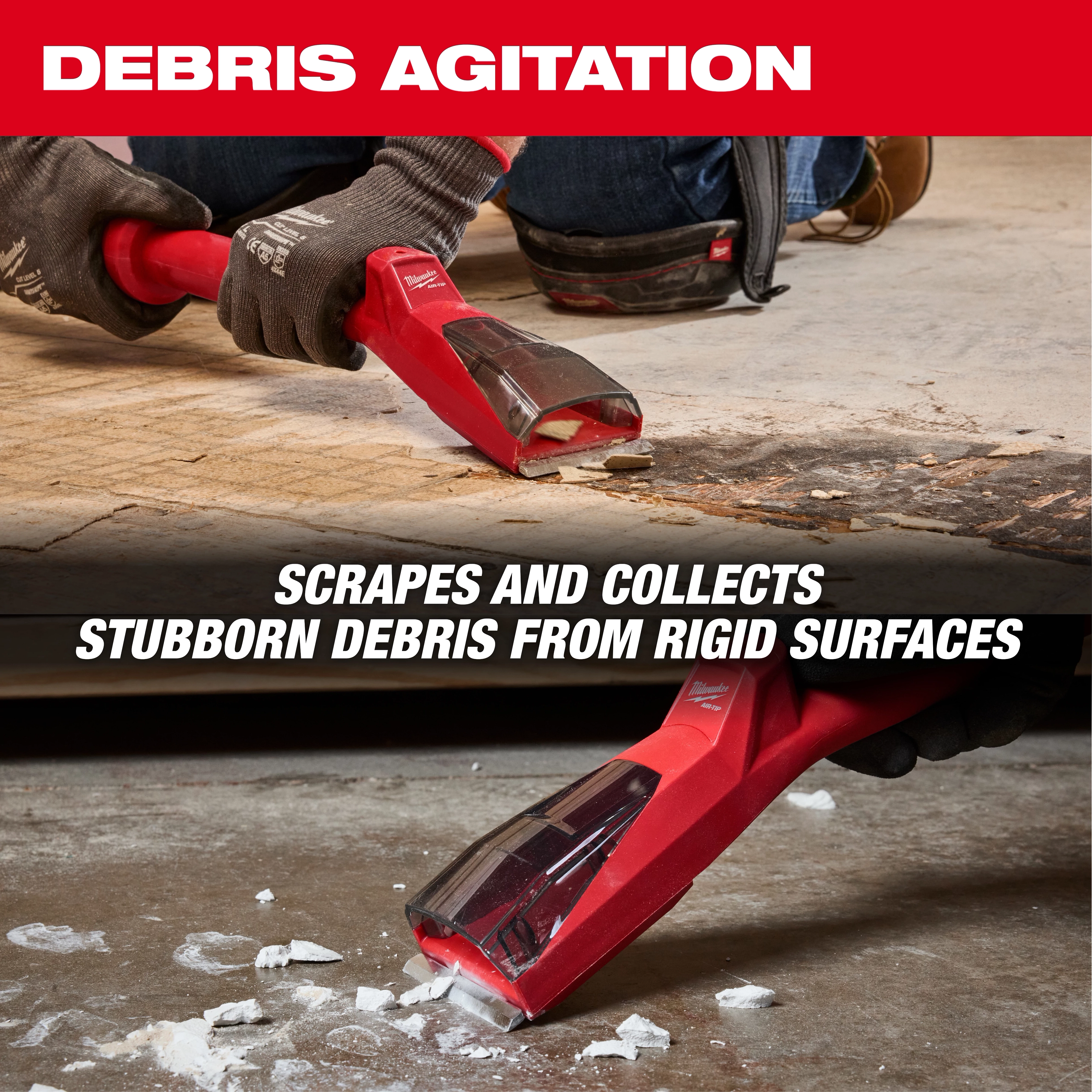 The AIR-TIP Debris Scraper is shown scraping and collecting debris from a rigid surface. Text: "Scrapes and collects stubborn debris from rigid surfaces."