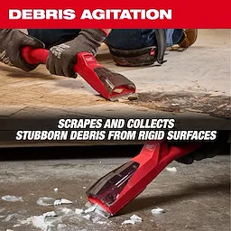 The AIR-TIP Debris Scraper is shown scraping and collecting debris from a rigid surface. Text: "Scrapes and collects stubborn debris from rigid surfaces."